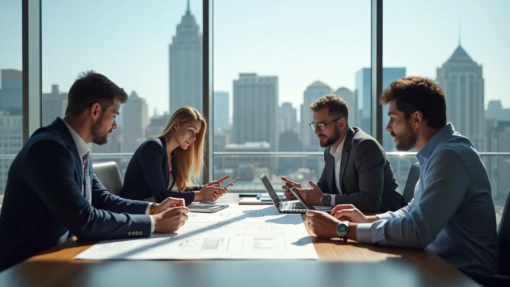 Commercial painting company Boston project managers meeting in a modern conference room reviewing blueprints, overlooking the Boston skyline