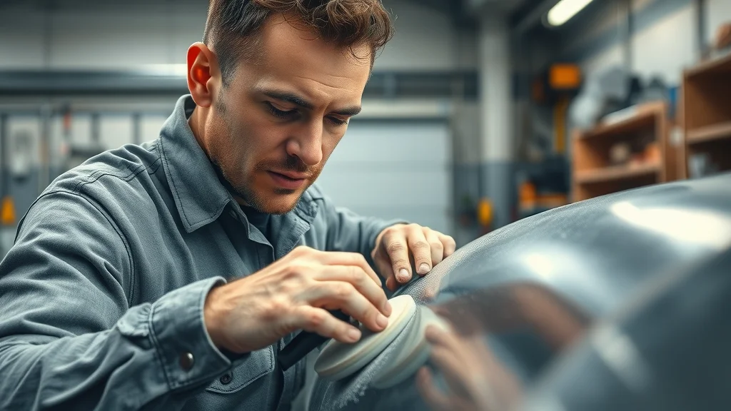 surface preparation in industrial painting, expert worker sanding large metal surface, high detail and realistic textures, organized industrial workspace