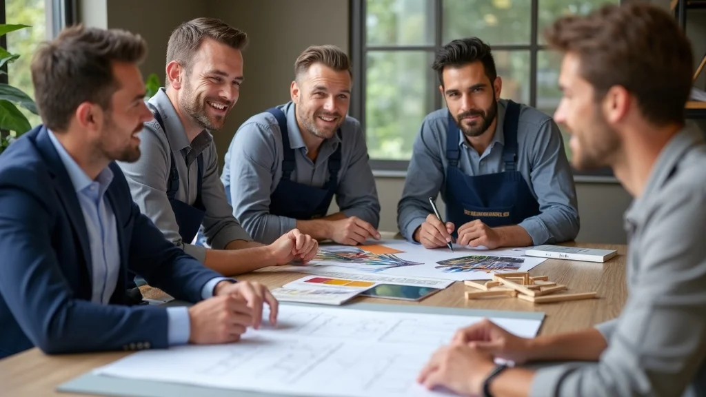 Experienced painting contractors consulting with a business owner, enthusiastically reviewing blueprints and paint selections for a painting project, illustrating the collaborative process in selecting between commercial painting versus industrial coatings.