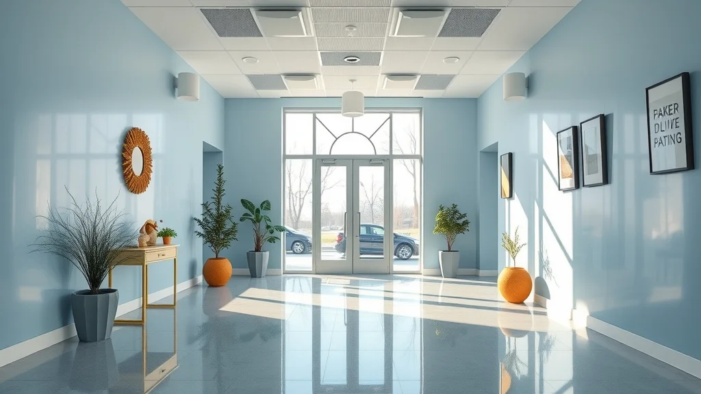 Finished office space after winter commercial painting, freshly painted walls, subtle gloss, winter decorations, sunlight, polished floor, commercial interior painting success