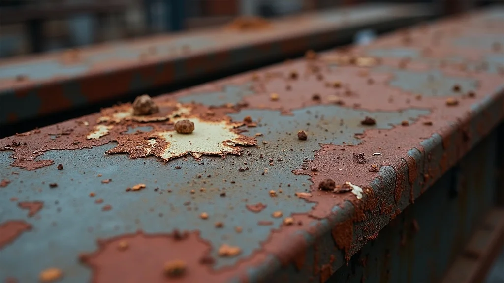Industrial steel surface with flaking anti-corrosion coating and visible rust, showing the consequences of poor maintenance or compatibility issues