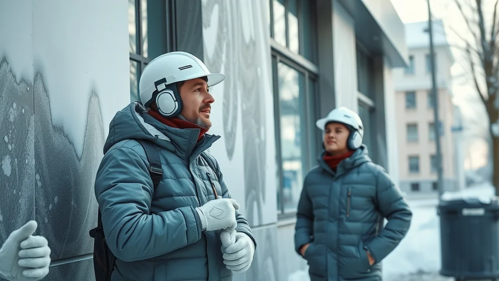 Modern commercial building in winter, painters inspecting façade with thermal jackets, safety helmets, paint supplies, snowy urban setting, icy surfaces and frosted windows, winter commercial painting projects