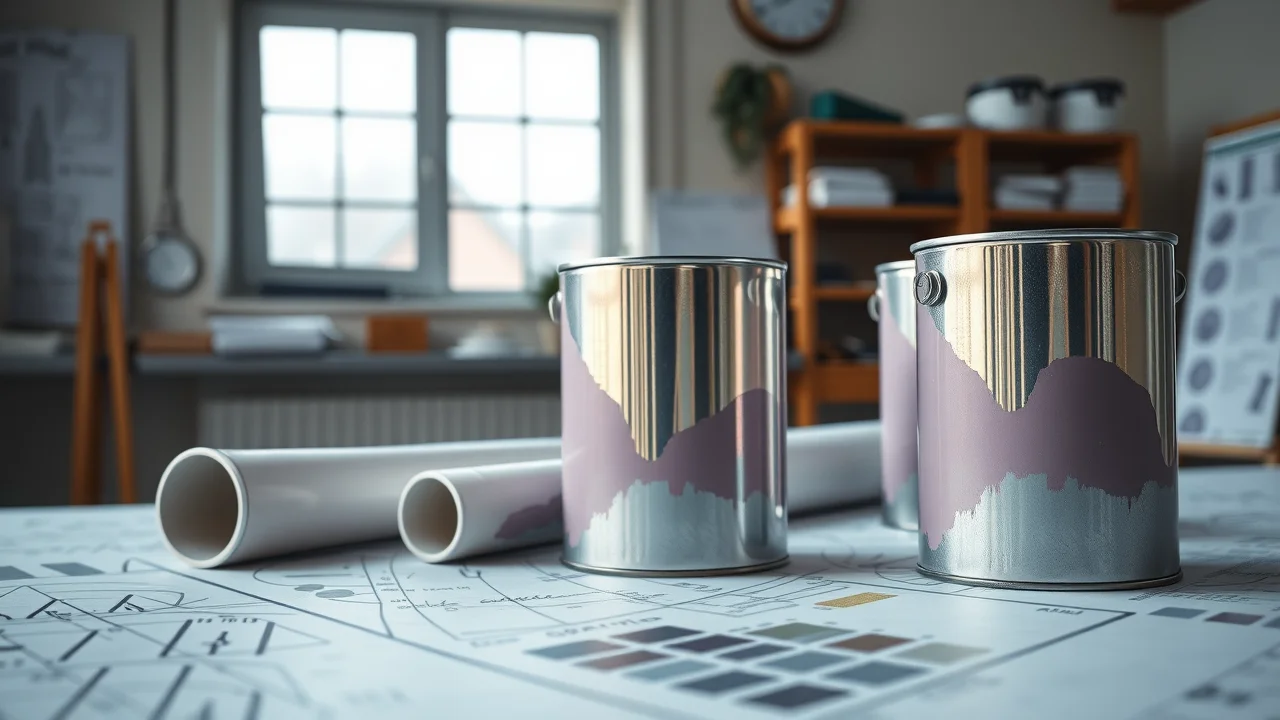 Comparing paint cans with winter application labels in a commercial workspace, color swatches, blueprints, frosted window, interior paint selection for winter months
