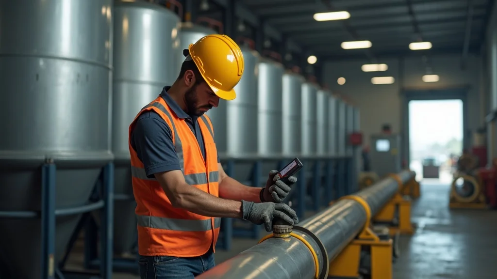 industrial technician measures anti-corrosion coating film thickness on a metal pipe for industrial painting quality assurance