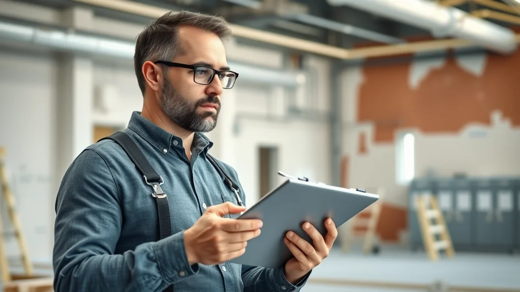 cost estimation for industrial vs commercial painting, professional estimator with clipboard and digital tablet, reviewing costs on site with visible painting zones in commercial and industrial interior