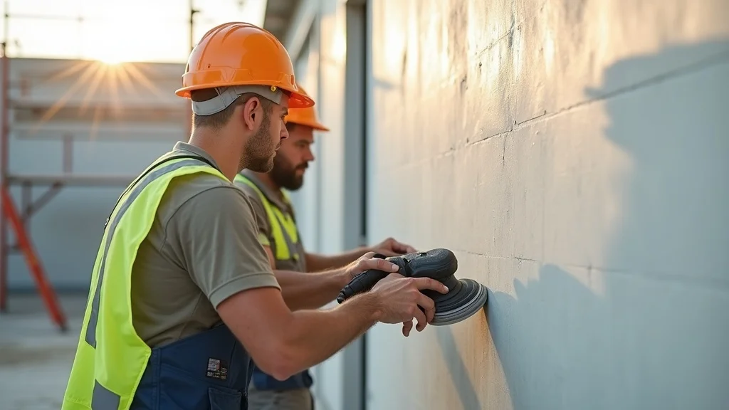 Professional painters carrying out surface preparation before a painting project on a commercial building, showing detailed safety gear, sanding equipment, and attention to surface prep, highlighting its importance in commercial painting versus industrial coatings.
