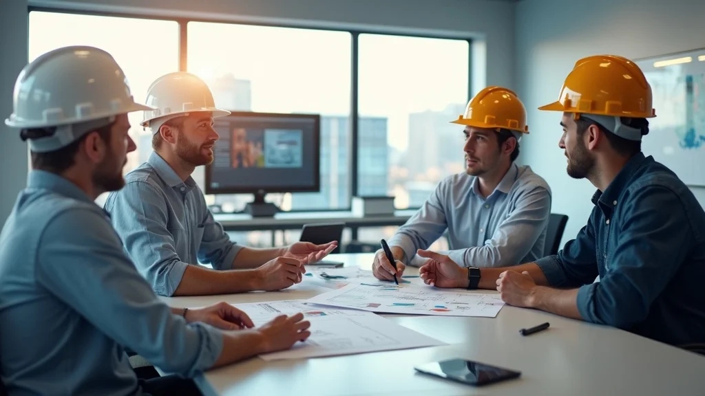 Facility and construction managers reviewing tenant repaint strategy using commercial painting service blueprints and paint charts