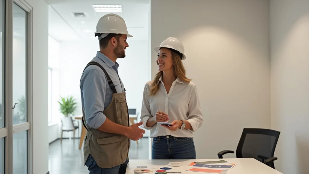 Professional painting contractor consulting with office facility manager about tenant repaint services, reviewing paint samples and project plans in a bright modern office lobby