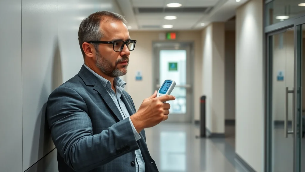 Building manager checking digital thermometer near heating system in a commercial interior, verifying optimal environment for winter commercial painting projects