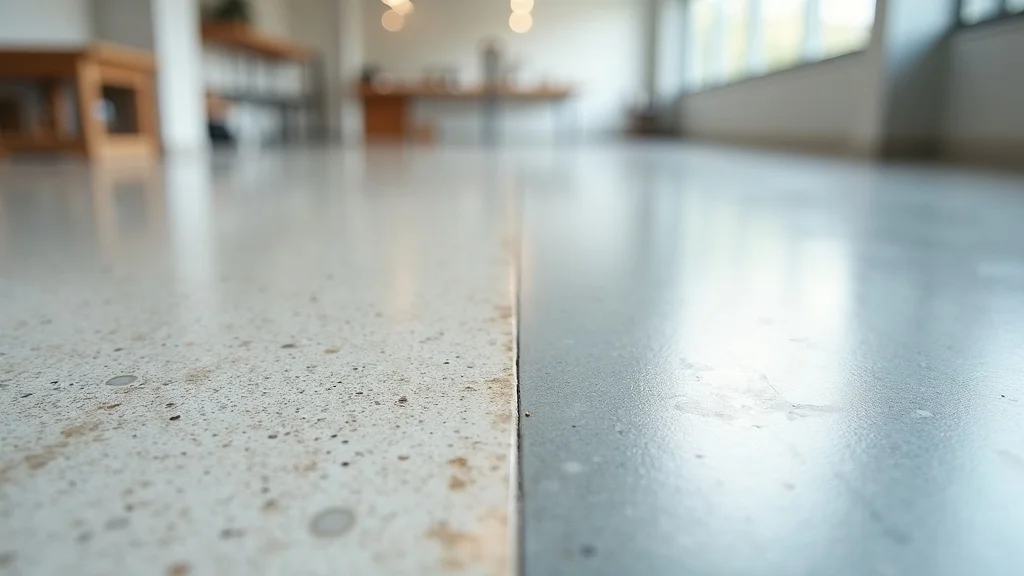 Split-view comparison of epoxy and polyurethane flooring, close-up of two finishes in high gloss and satin with different textures, crisp studio lighting, showing distinct material qualities.