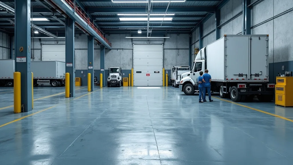 Heavy-duty industrial garage showing epoxy-coated and polyurethane-coated sections, workers inspecting floor surfaces, visible tire marks and equipment, gritty textures under bright LED lighting.