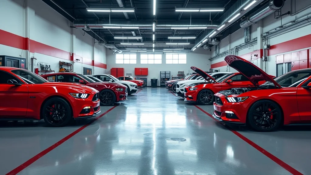 Commercial garage with gleaming epoxy floors and parked vehicles, clean and vibrant workspace, crisp floor reflections and auto tools under mixed lighting.