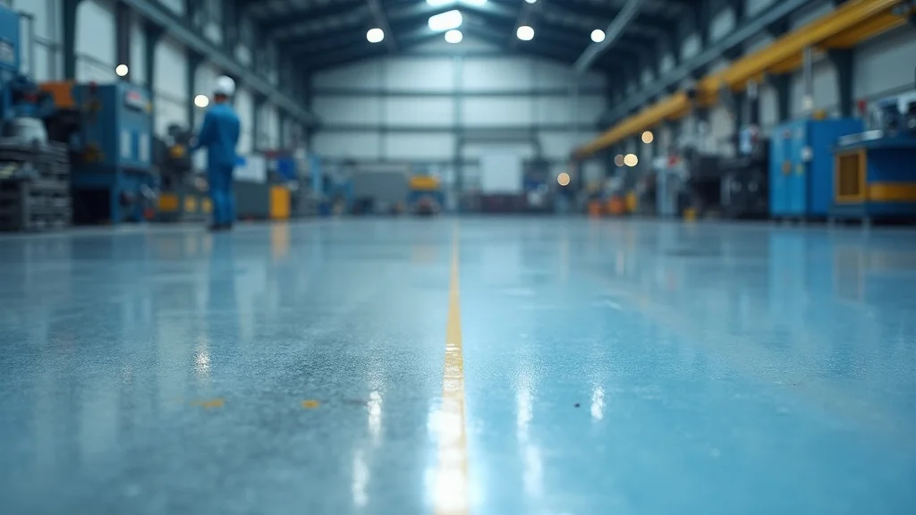 Split-view comparison of polyurethane floor versus epoxy floor in identical industrial settings, showing contrasting floor shines, surface textures, industrial machinery, foot traffic, and balanced artificial lighting.