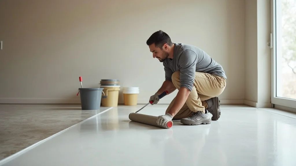 Professional installer applying floor coating with roller on a concrete floor, clear finished and unfinished areas, high definition and realism.
