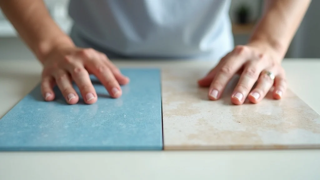 Side-by-side epoxy and polyurethane floor panels arranged on a table, hands pointing to textures, high clarity showing two flooring samples in consulting office.
