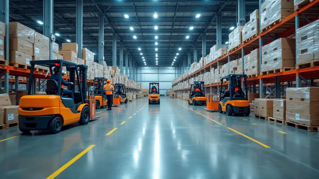 Expansive warehouse interior with workers and forklifts on bright polyurethane flooring, well-organized distribution center, pallet racks, moving vehicles, warehouse staff in safety gear, motion blur of forklift wheels for dynamism, rich detail and industrial blue and orange accents, under high-bay LED lighting.