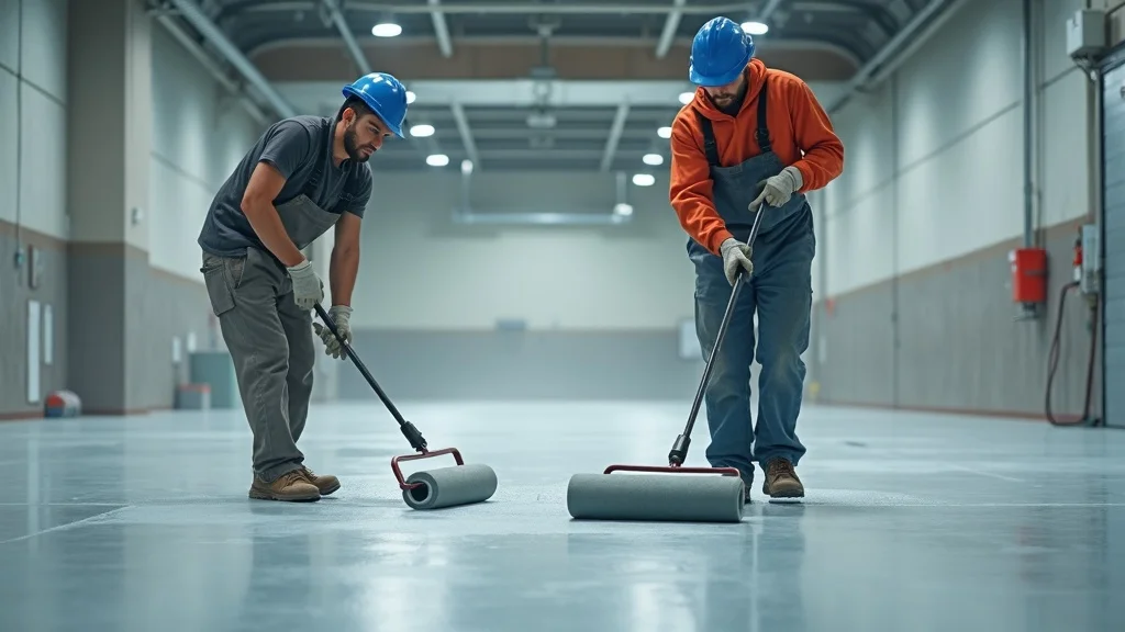 Professional installation team applying polyurethane floor coating, rollers in use with clear contrast between coated and uncoated commercial floor