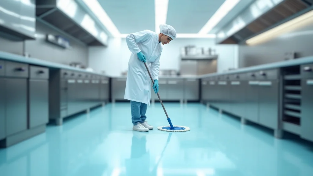 Polyurethane-coated commercial kitchen floor being cleaned, high-gloss and easy to clean surface with staff member in hygienic attire