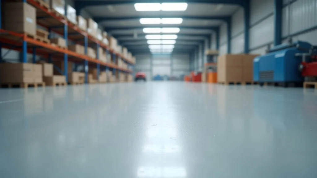 Sleek industrial facility with pristine, high-gloss polyurethane floor coating, no people, showcasing durability and reflectivity in a modern warehouse