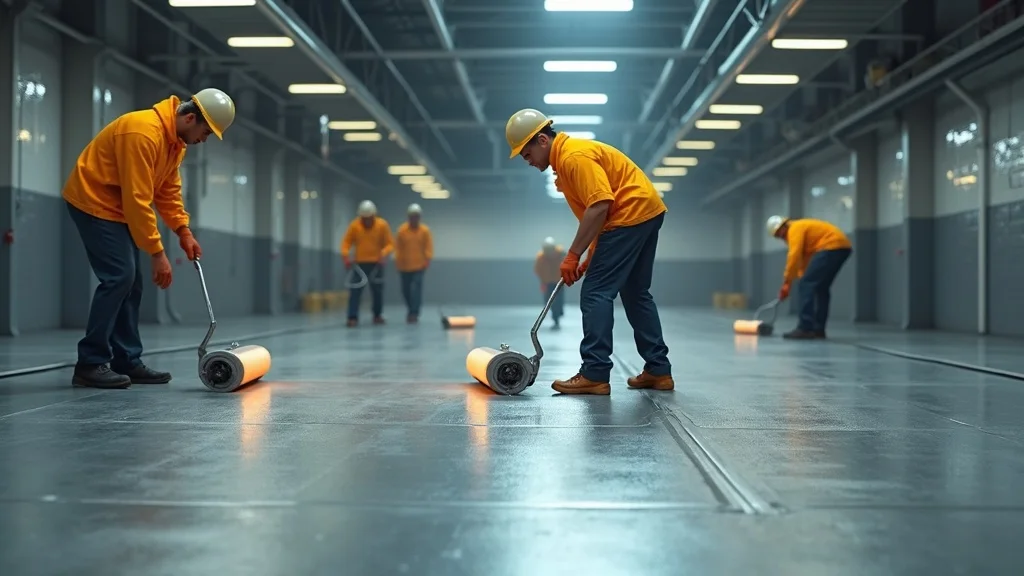 Professional flooring crew applying polyurethane coating in an industrial plant under renovation, workers in uniform with rollers and protective gear, curing lamps and application tools visible, high realism and deep greys with safety yellow colors, under bright work lights.