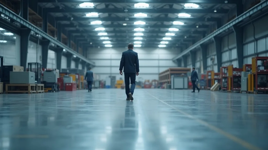 Modern industrial facility floor with epoxy coating and polyurethane flooring, clean and inviting with neutral tones, workers inspecting the area, cool grays and blues under natural skylight.
