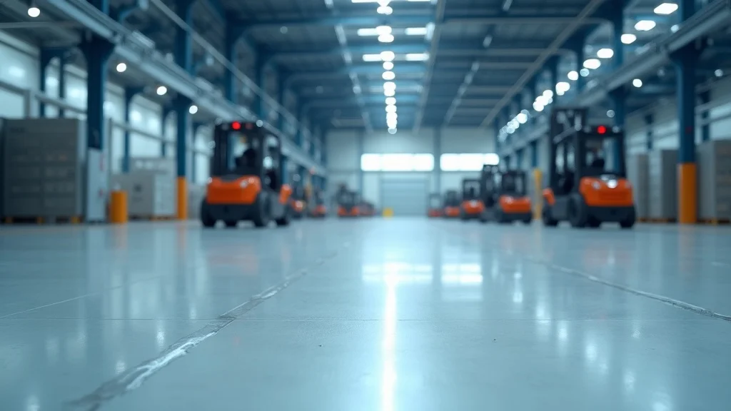 Modern industrial facility with pristine polyurethane flooring, showcasing durability in a spacious well-lit warehouse featuring reflective floor sheen and subtle tire tread marks, heavy equipment and forklifts moving in the background, cool greys and industrial blue palette, under bright overhead LED lighting.