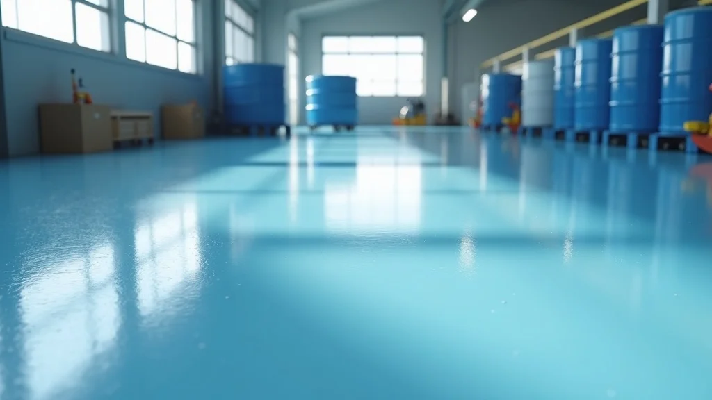 Close-up of pristine polyurethane floor resisting scratches and chemical spills in an industrial setting, chemical barrels and forklift wheels beside flooring, dynamic shine and macro textures highlighting abrasion resistance, blue and grey hues, natural daylight, macro lens detail.