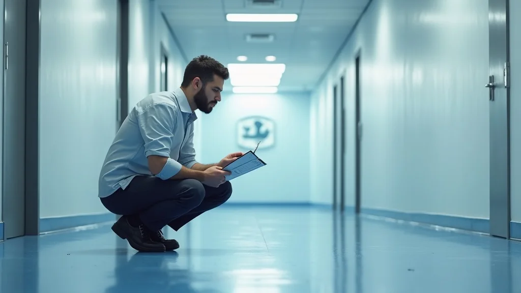 Facility manager inspecting polyurethane-coated commercial floor for quality and maintenance, using a clipboard