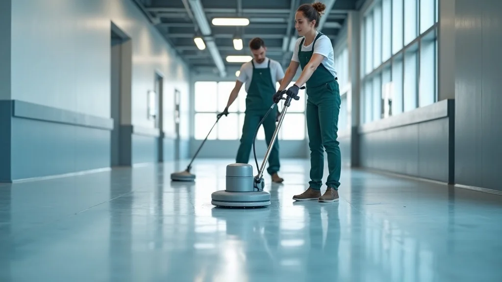 Maintenance worker cleaning polyurethane floor with professional equipment in a modern industrial hallway, smooth seamless floor, reflective finish, cleaning tools in use, motion of cleaning machine, detailed surface textures, cool grey and blue tones under diffused daylight.
