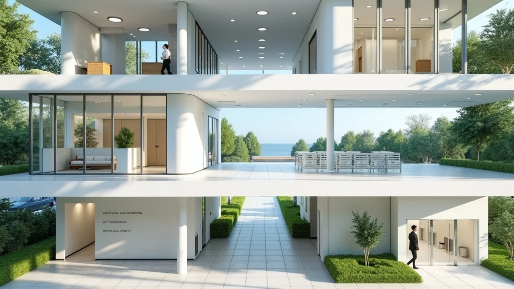 facility maintenance checklist - Wide view of well-maintained facility spaces: clean office, bright parking lot, pristine restroom, landscaped entrance, security cameras