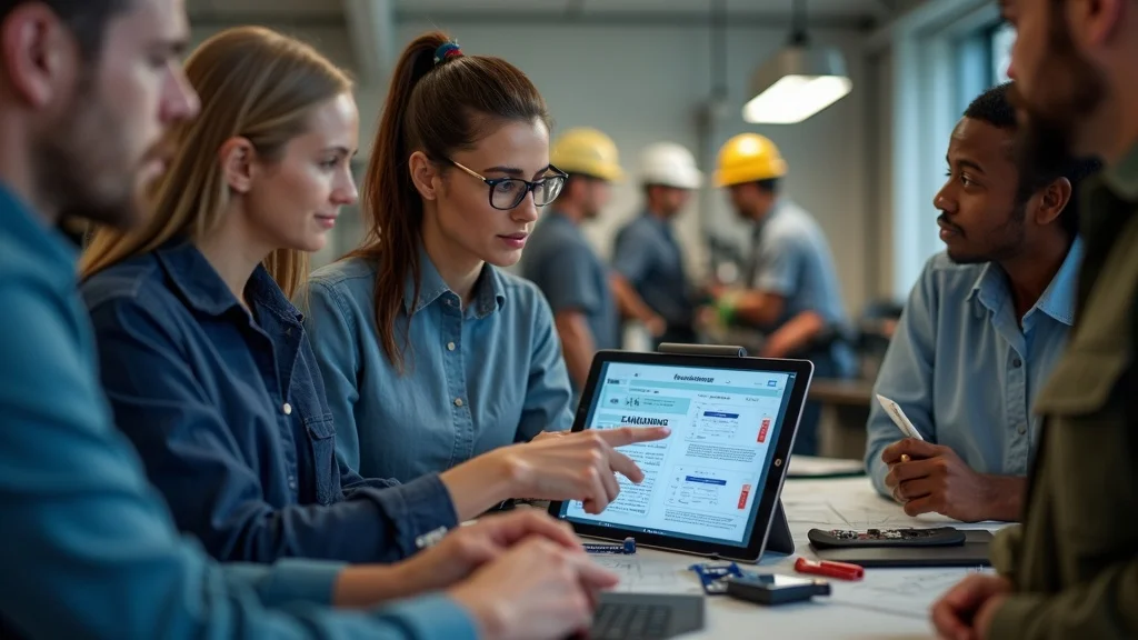 Team of facility maintenance professionals collaborating using a digital maintenance schedule on a tablet, representing the impact of CMMS and work order software on facilities