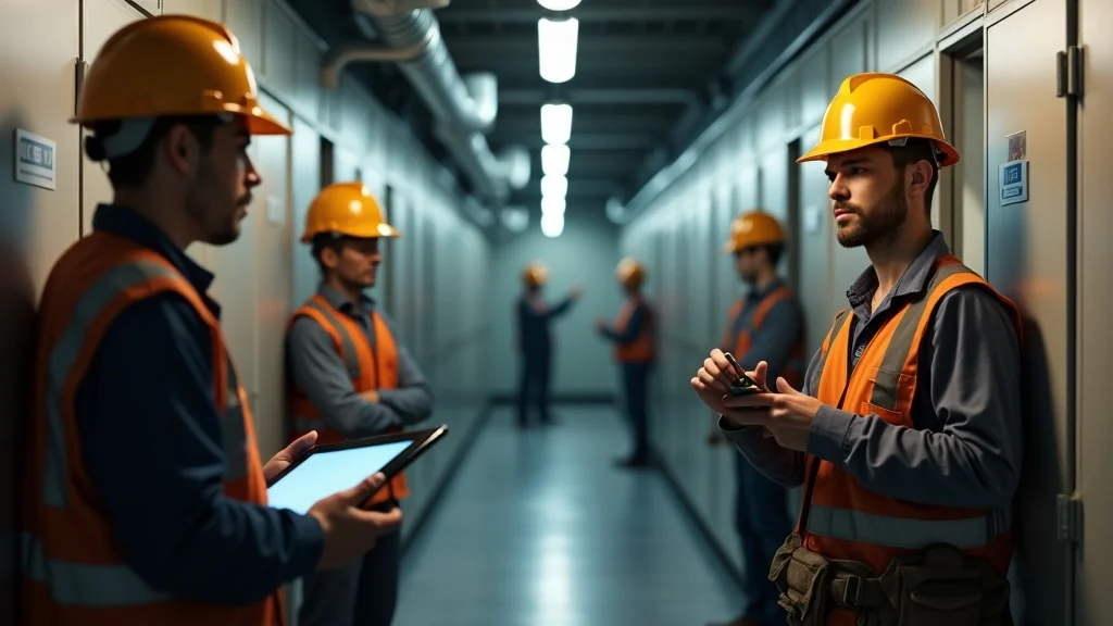 Busy maintenance hallway with technicians performing facility maintenance tasks, managing work orders and safety requirements in a commercial building