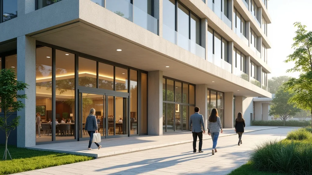 Modern commercial facility exterior with welcoming, well-maintained façade, landscaped greenery, and clear pathway – facility maintenance management.