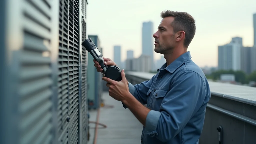 Modern HVAC technician performing maintenance service on commercial rooftop, demonstrating facility maintenance services for commercial buildings