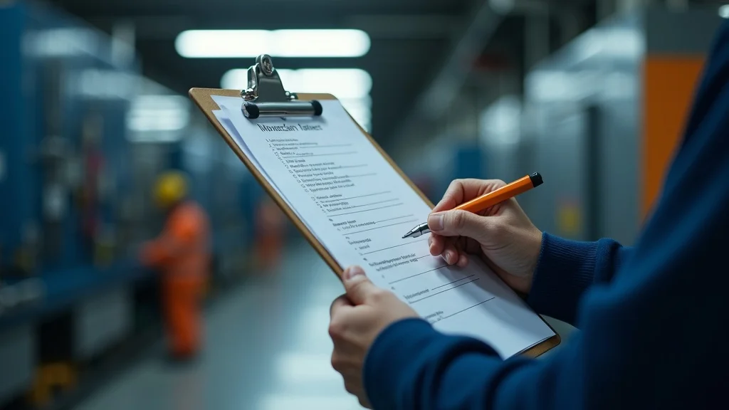 maintenance checklist - Detailed facility maintenance checklist on a clipboard, hands holding it confidently in a well-lit maintenance room with industrial tools and equipment
