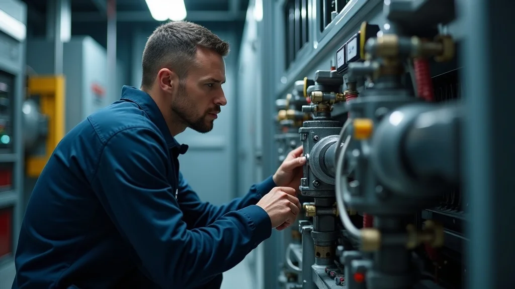 Technician inspecting HVAC system for building maintenance and property upkeep as part of facility maintenance management.
