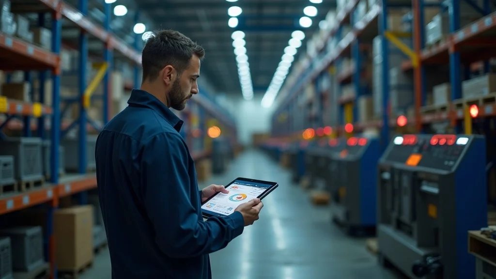 Maintenance manager monitoring maintenance management KPIs on a digital tablet in an equipment-filled warehouse.