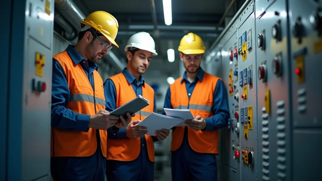 Maintenance team conducting a building audit for facility maintenance, emphasizing documentation, safety equipment inspection, and teamwork in a modern commercial facility