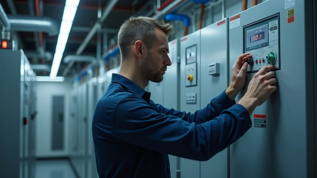 facilities management checklist - HVAC technician using diagnostic tools on a modern building control panel as part of regular maintenance