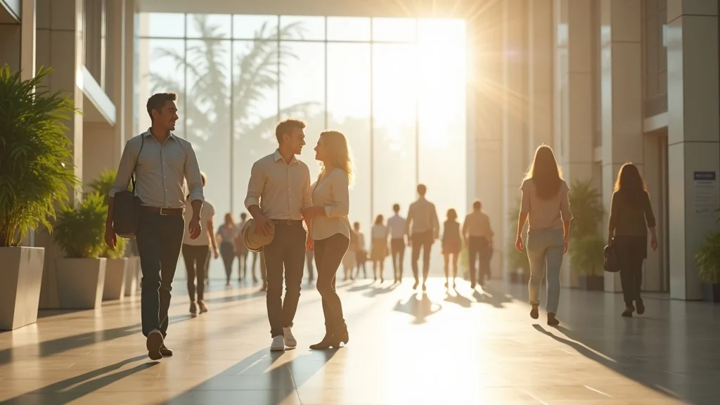 Bright, inviting commercial building lobby with contented employees and visitors, illustrating proactive facility maintenance in a contemporary office setting, with polished floors, sunlight, and greenery—facility maintenance at its best