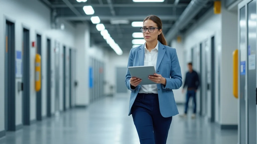 facility maintenance checklist - Professional facility manager conducting a walkthrough inspection using a digital checklist in a modern commercial hallway