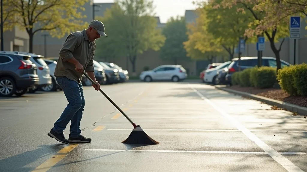 parking lot maintenance checklist - Maintenance worker sweeping a clean, well-marked parking lot with landscaping and signage