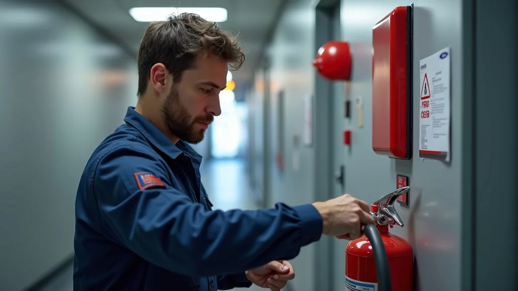 Professional facility manager inspecting fire safety equipment in a commercial building, illustrating the importance of facility maintenance and regulatory compliance