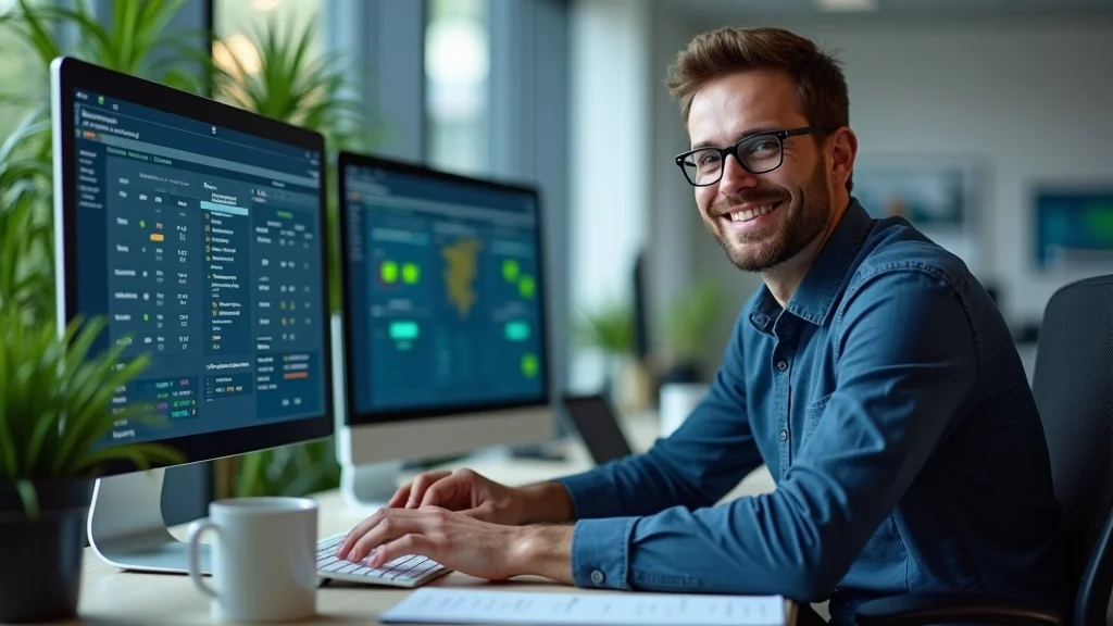 Organized facility manager at desk reviewing digital facility maintenance dashboard, highlighting the use of technology and work order systems in commercial building maintenance