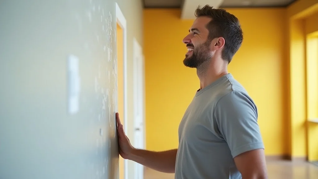 Happy facility manager viewing results of professional coating application on commercial interior walls