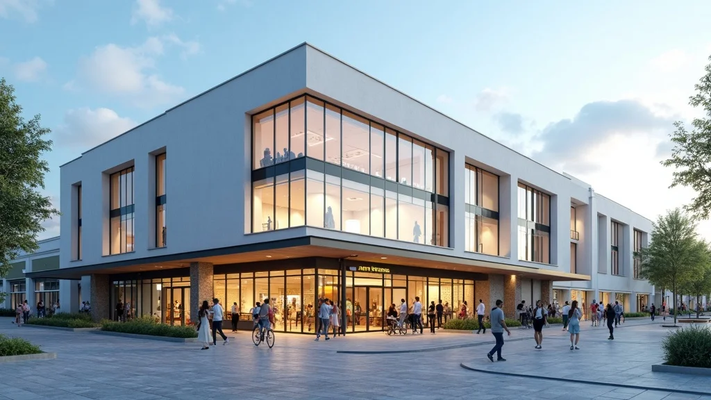 Modern commercial building exterior featuring coating application in a busy urban landscape, coating systems used in commercial painting