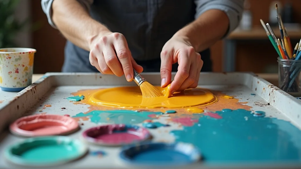 Hands mixing commercial paint for coating application, showing process and paint formulation in commercial painting