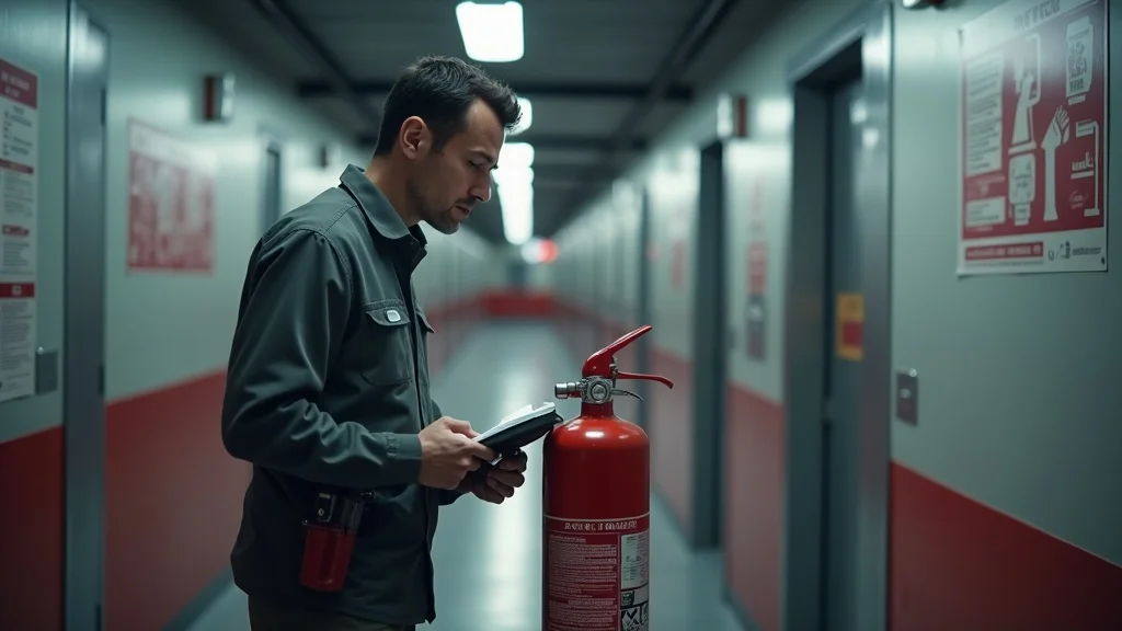 Inspector examining fire extinguisher for safety compliance during a regular facility inspection