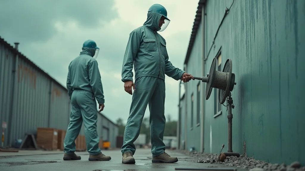 Industrial painters working with protective covers as weather changes during outdoor commercial painting
