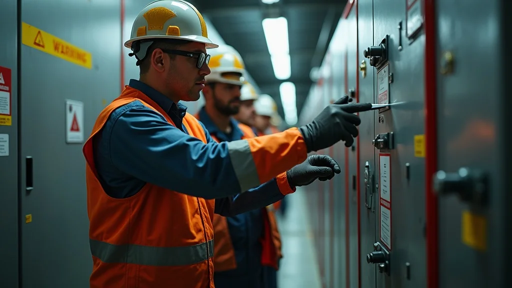 Facility technician team isolating malfunctioning equipment as a rapid response to common facility equipment failures, industrial corridor, warning signs, photorealistic